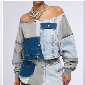 Patchwork Off-Shoulder Denim & Washed Sweatshirt Top - Blue/Light Blue/Gray